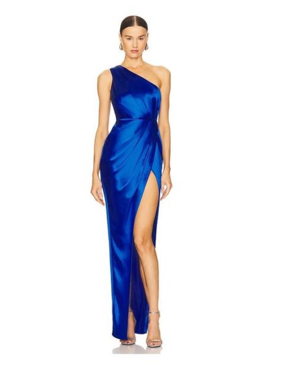 SAU LEE One-Shoulder Royal Blue Satin Evening Gown